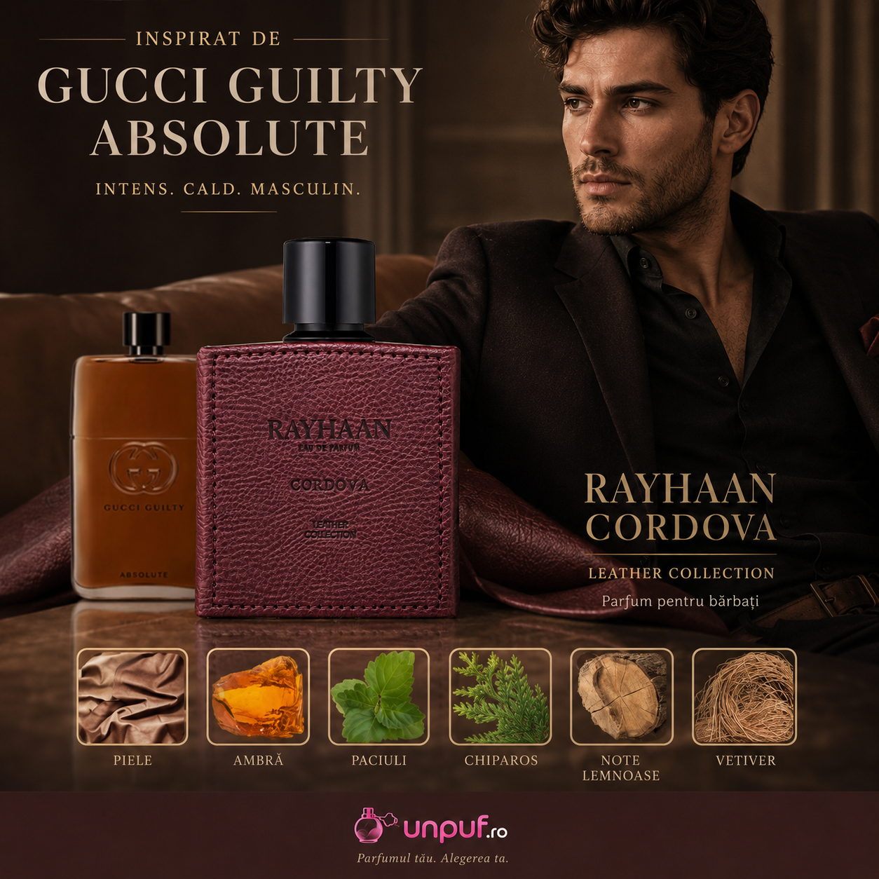 Parfum Arăbesc Rayhaan Cordova pentru bărbați 100 ml, Leather Collection, flacon burgundy cu aspect de piele și cutie originală